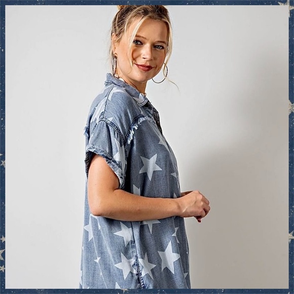 EASEL "Twinkle Star" Lightweight Cotton Denim Shirt Dress Button Up W/ Raw Seams - Picture 9 of 16